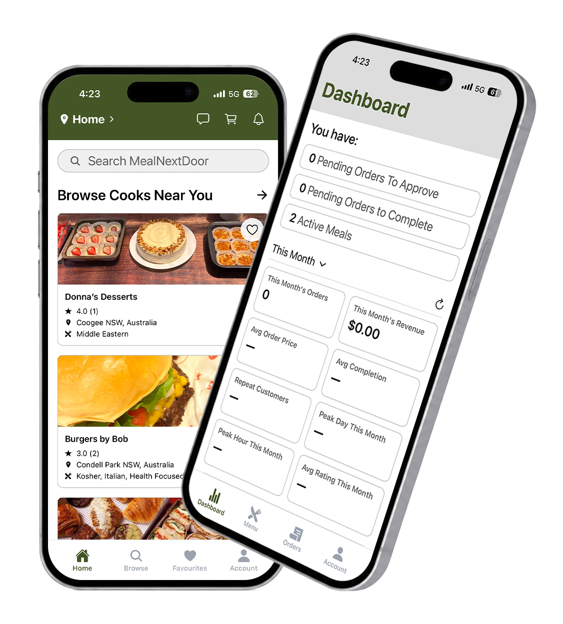 MealNextDoor app shown on two phones. One phone shows the customers home page and the other is a cook's dashboard.